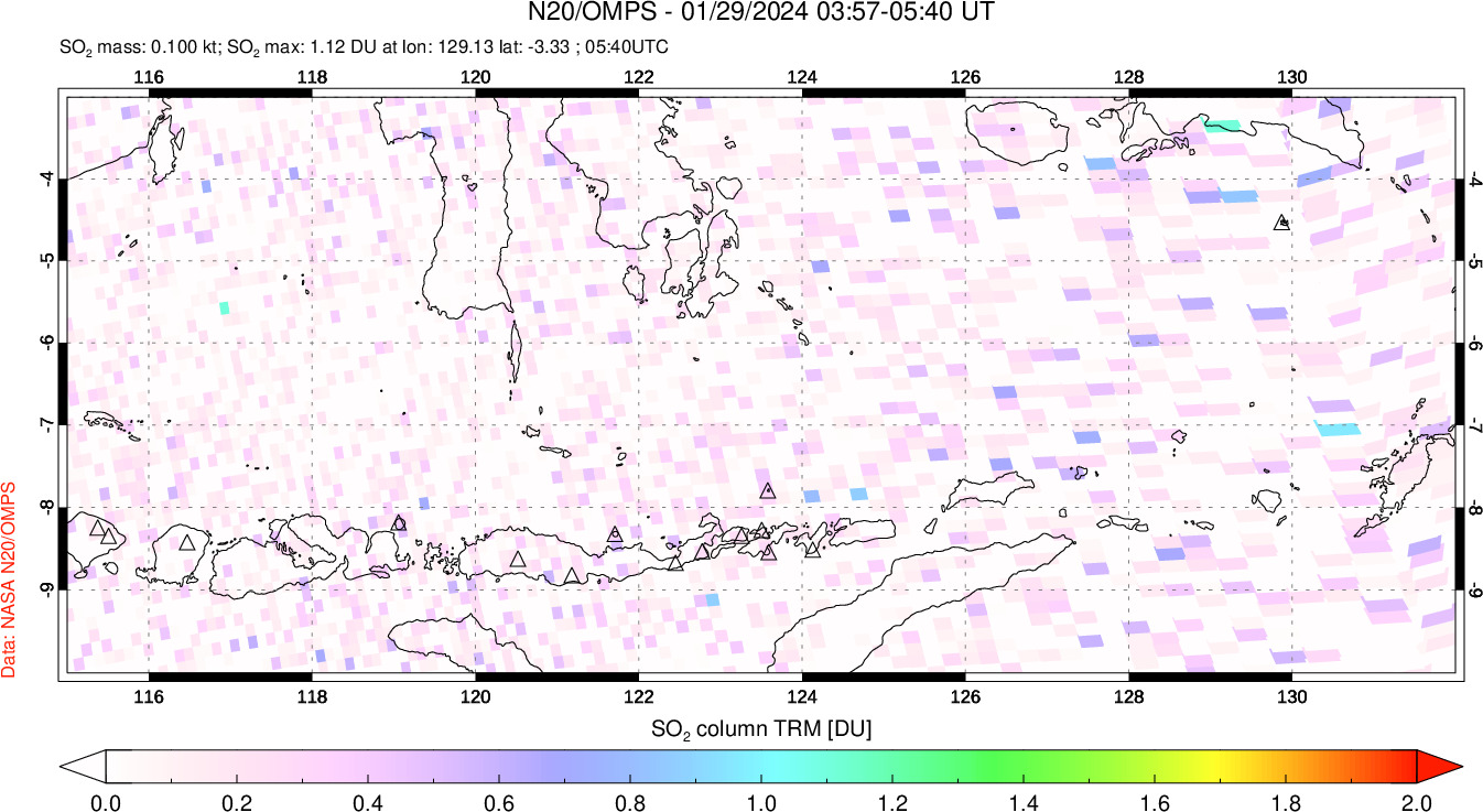 A sulfur dioxide image over Lesser Sunda Islands, Indonesia on Jan 29, 2024.