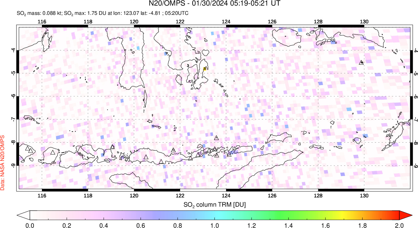 A sulfur dioxide image over Lesser Sunda Islands, Indonesia on Jan 30, 2024.