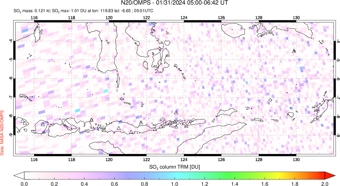 A sulfur dioxide image over Lesser Sunda Islands, Indonesia on Jan 31, 2024.