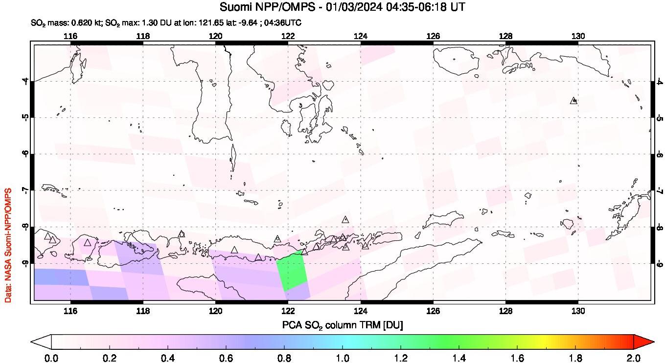 A sulfur dioxide image over Lesser Sunda Islands, Indonesia on Jan 03, 2024.