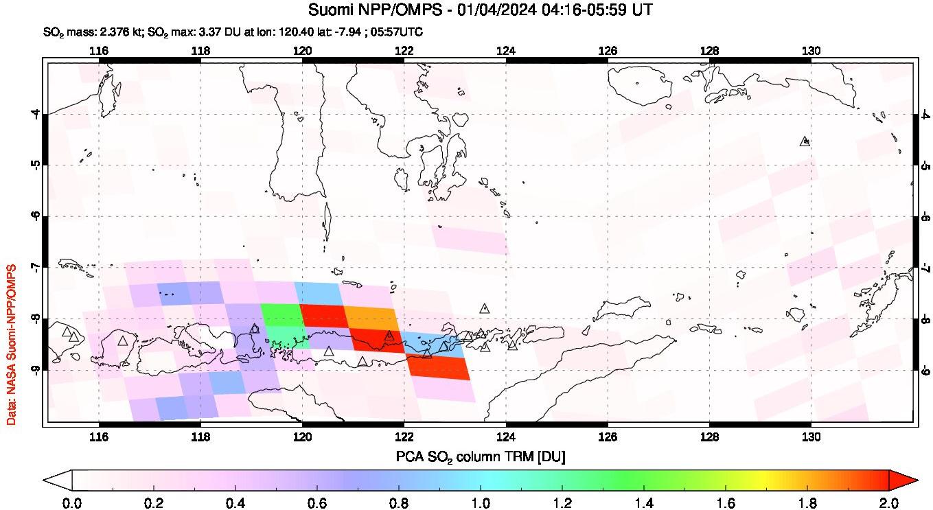 A sulfur dioxide image over Lesser Sunda Islands, Indonesia on Jan 04, 2024.