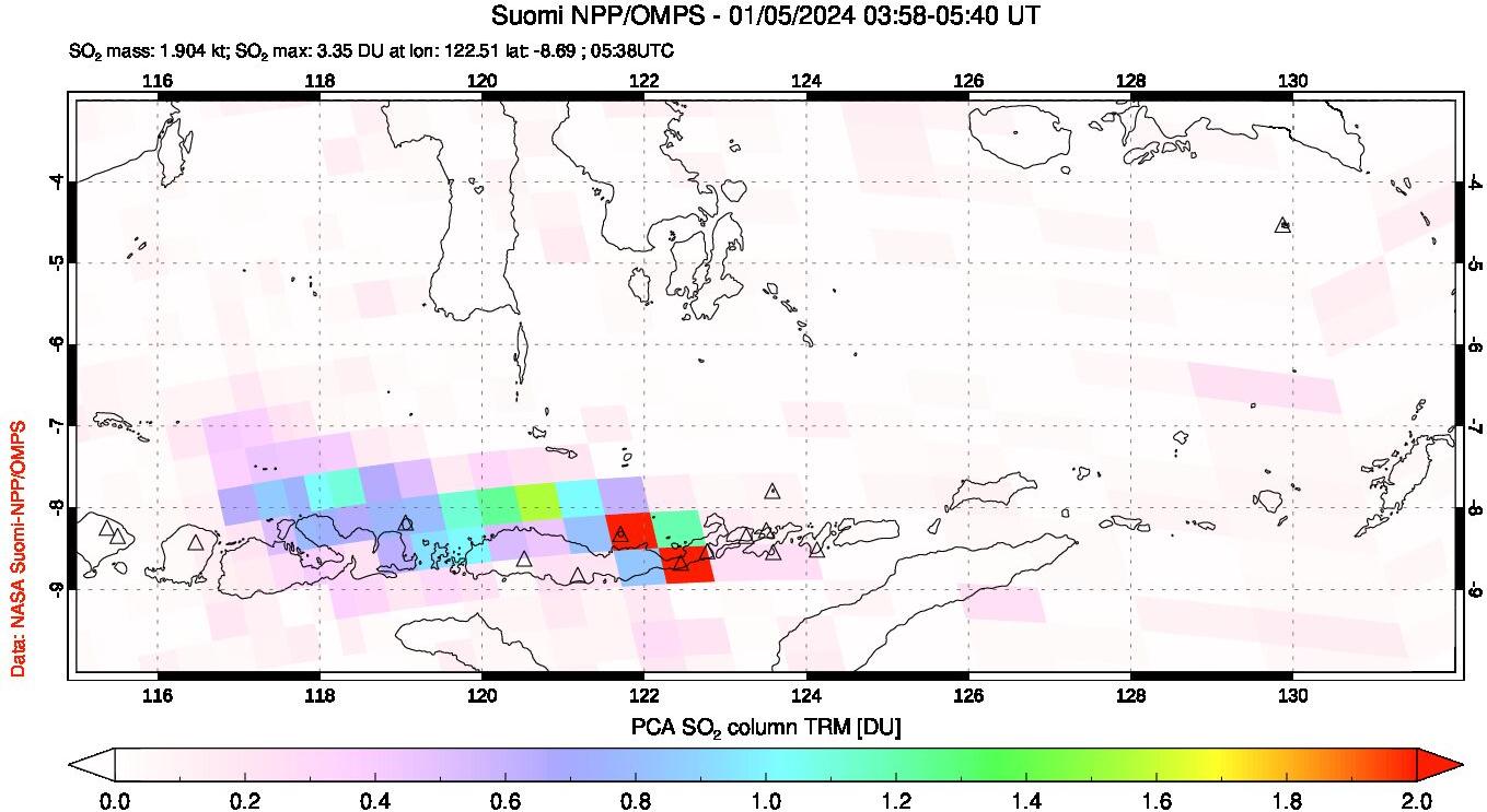 A sulfur dioxide image over Lesser Sunda Islands, Indonesia on Jan 05, 2024.