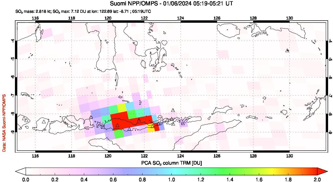 A sulfur dioxide image over Lesser Sunda Islands, Indonesia on Jan 06, 2024.