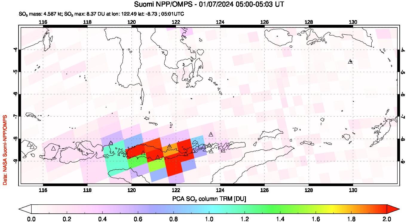 A sulfur dioxide image over Lesser Sunda Islands, Indonesia on Jan 07, 2024.