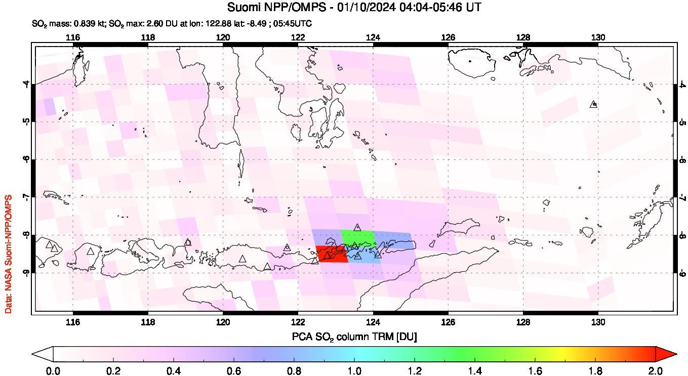 A sulfur dioxide image over Lesser Sunda Islands, Indonesia on Jan 10, 2024.