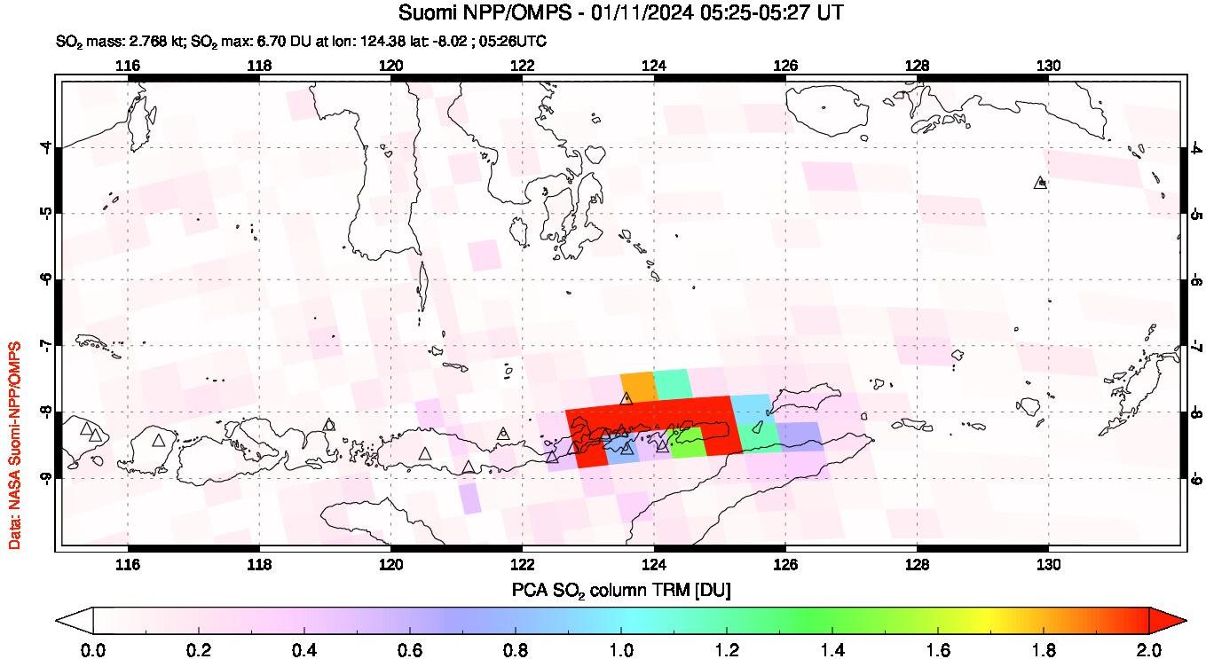 A sulfur dioxide image over Lesser Sunda Islands, Indonesia on Jan 11, 2024.