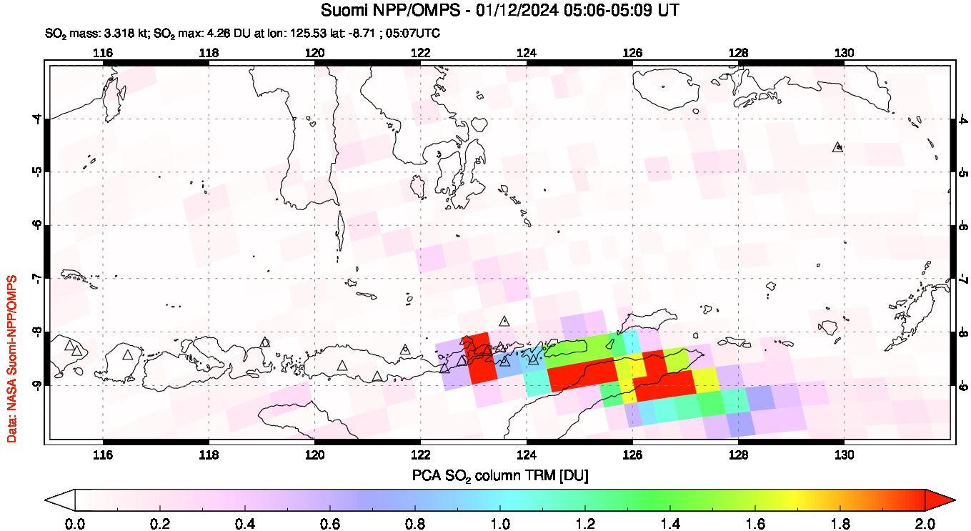 A sulfur dioxide image over Lesser Sunda Islands, Indonesia on Jan 12, 2024.