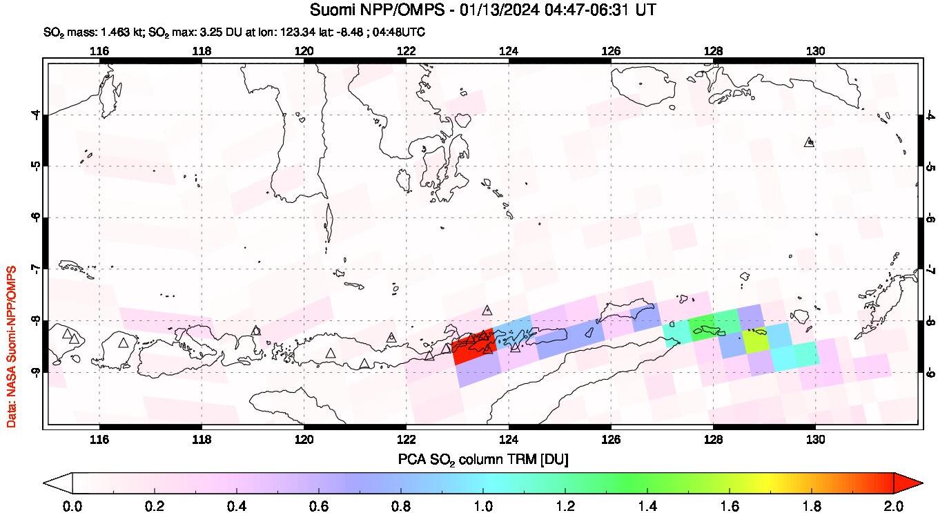 A sulfur dioxide image over Lesser Sunda Islands, Indonesia on Jan 13, 2024.