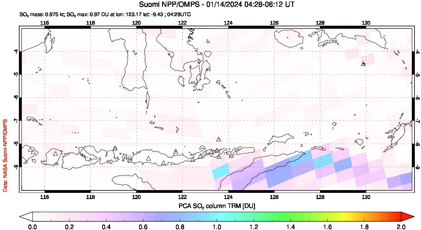 A sulfur dioxide image over Lesser Sunda Islands, Indonesia on Jan 14, 2024.