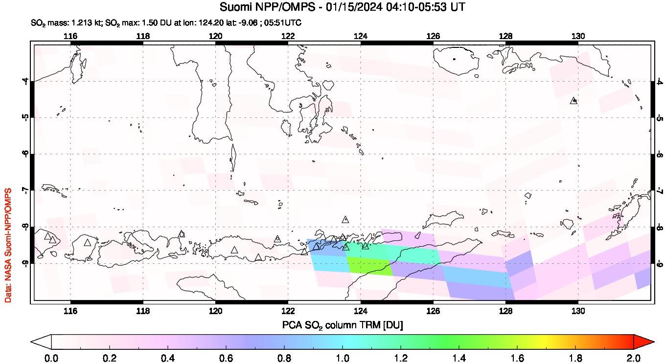 A sulfur dioxide image over Lesser Sunda Islands, Indonesia on Jan 15, 2024.