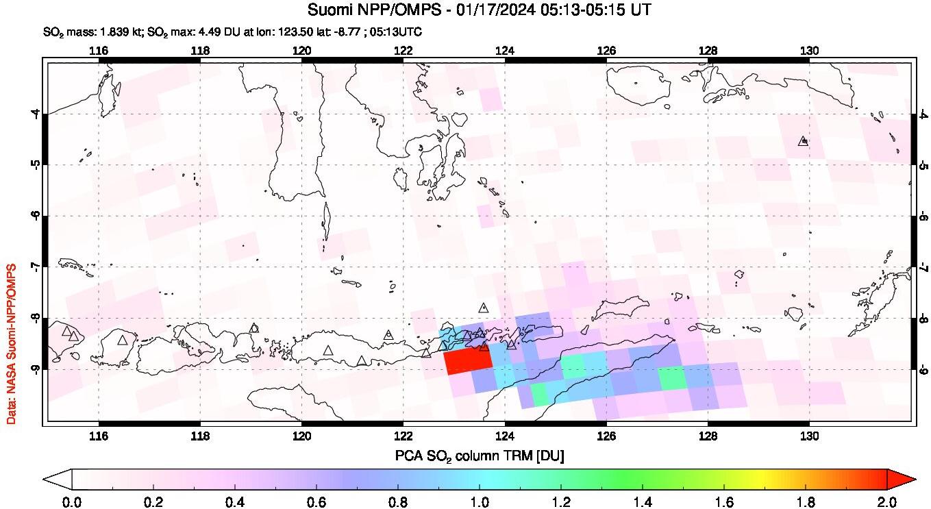 A sulfur dioxide image over Lesser Sunda Islands, Indonesia on Jan 17, 2024.