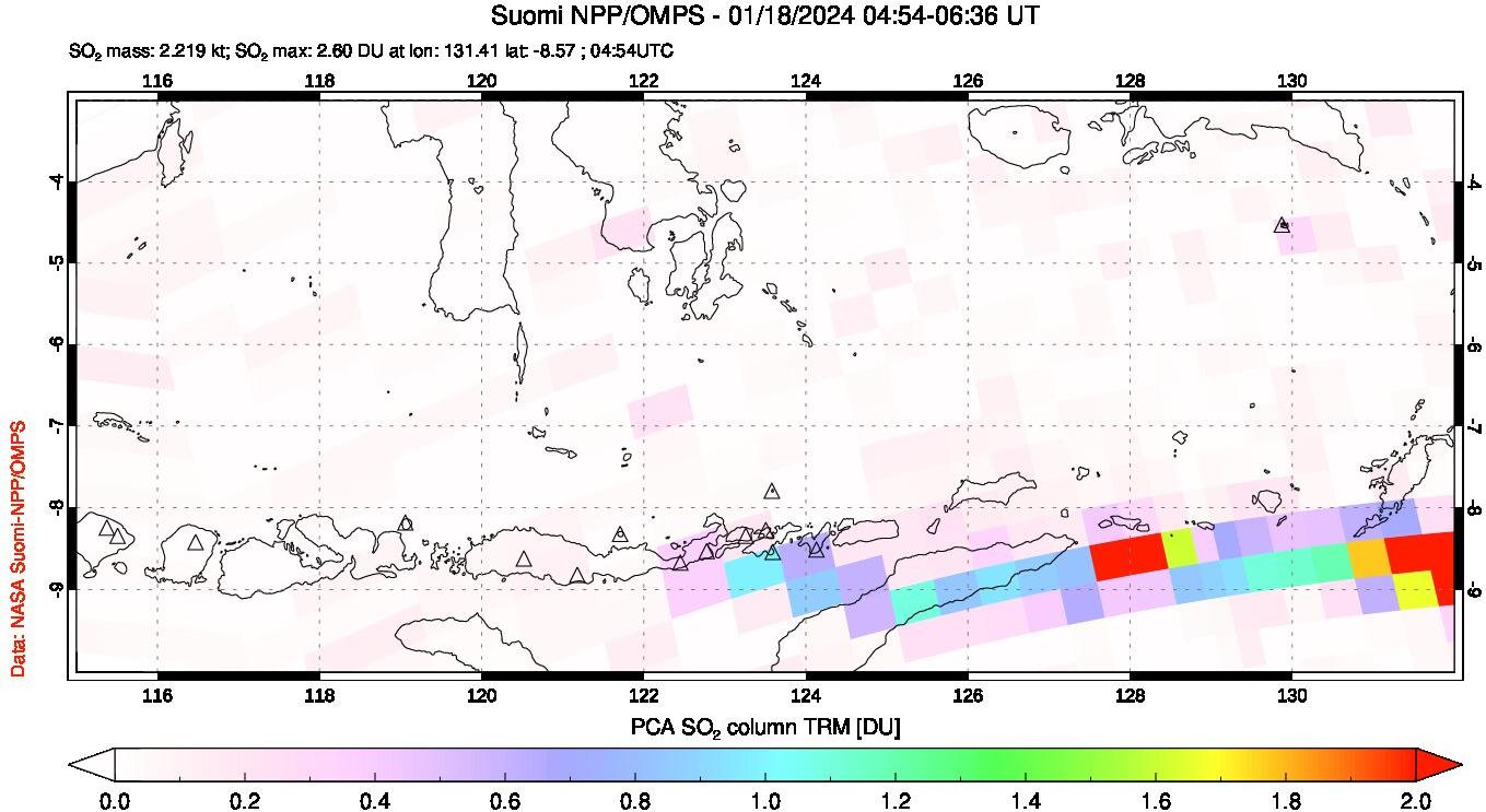 A sulfur dioxide image over Lesser Sunda Islands, Indonesia on Jan 18, 2024.