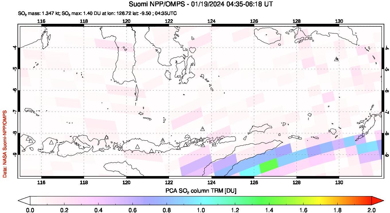 A sulfur dioxide image over Lesser Sunda Islands, Indonesia on Jan 19, 2024.