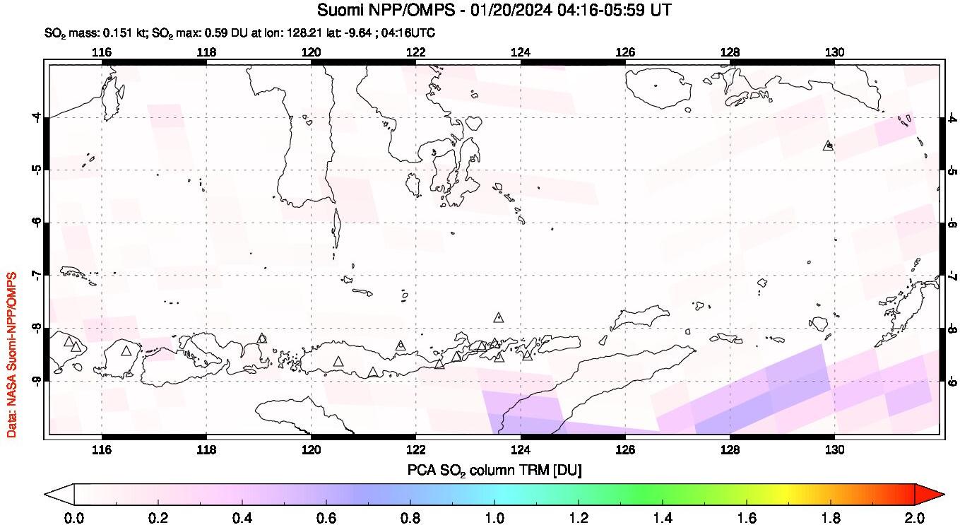 A sulfur dioxide image over Lesser Sunda Islands, Indonesia on Jan 20, 2024.