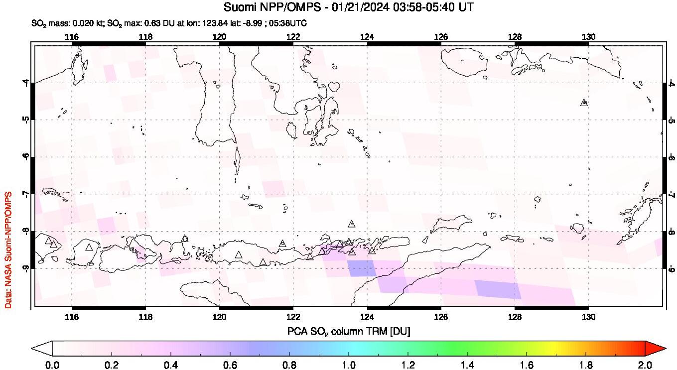 A sulfur dioxide image over Lesser Sunda Islands, Indonesia on Jan 21, 2024.