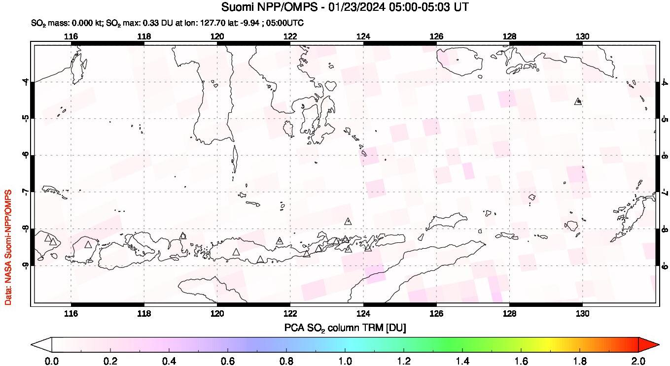 A sulfur dioxide image over Lesser Sunda Islands, Indonesia on Jan 23, 2024.