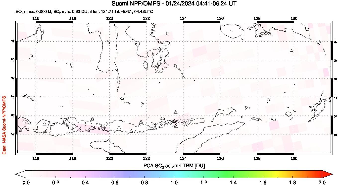 A sulfur dioxide image over Lesser Sunda Islands, Indonesia on Jan 24, 2024.