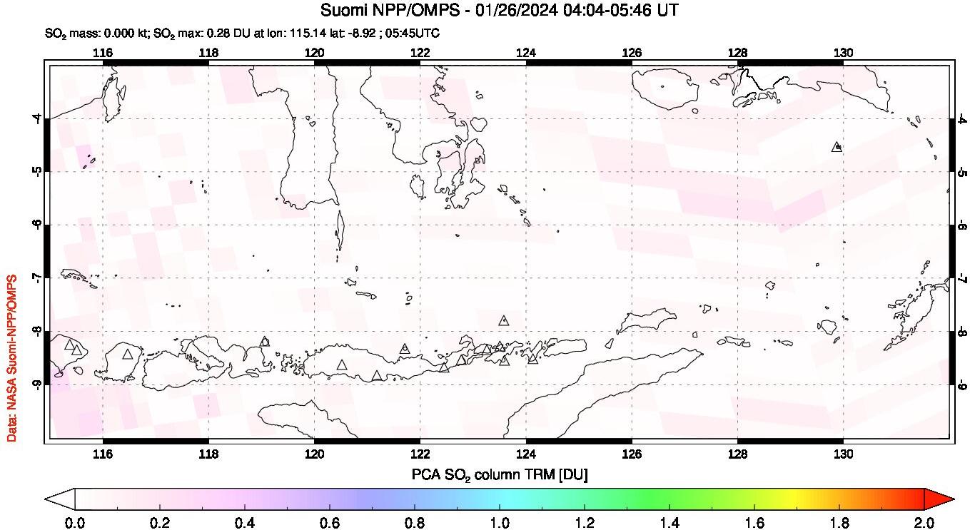 A sulfur dioxide image over Lesser Sunda Islands, Indonesia on Jan 26, 2024.