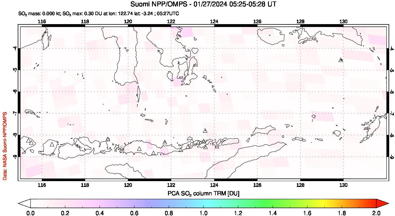 A sulfur dioxide image over Lesser Sunda Islands, Indonesia on Jan 27, 2024.