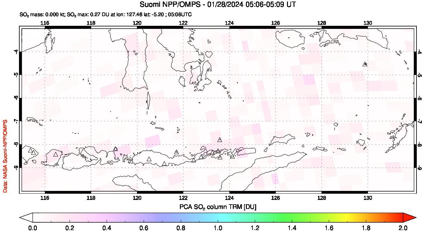 A sulfur dioxide image over Lesser Sunda Islands, Indonesia on Jan 28, 2024.