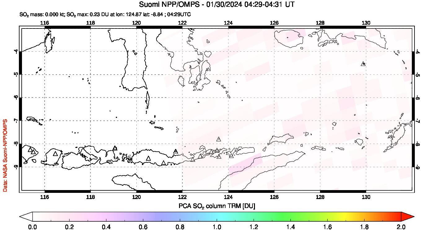 A sulfur dioxide image over Lesser Sunda Islands, Indonesia on Jan 30, 2024.