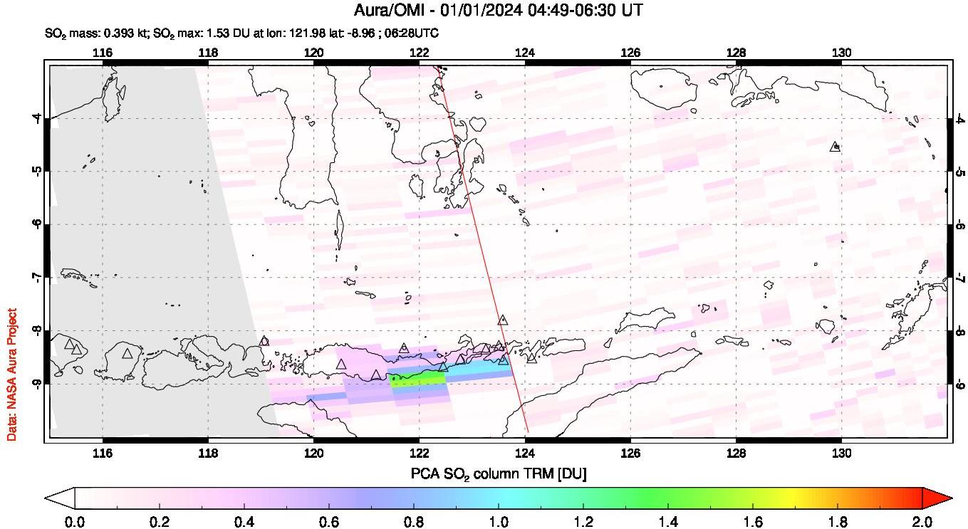 A sulfur dioxide image over Lesser Sunda Islands, Indonesia on Jan 01, 2024.