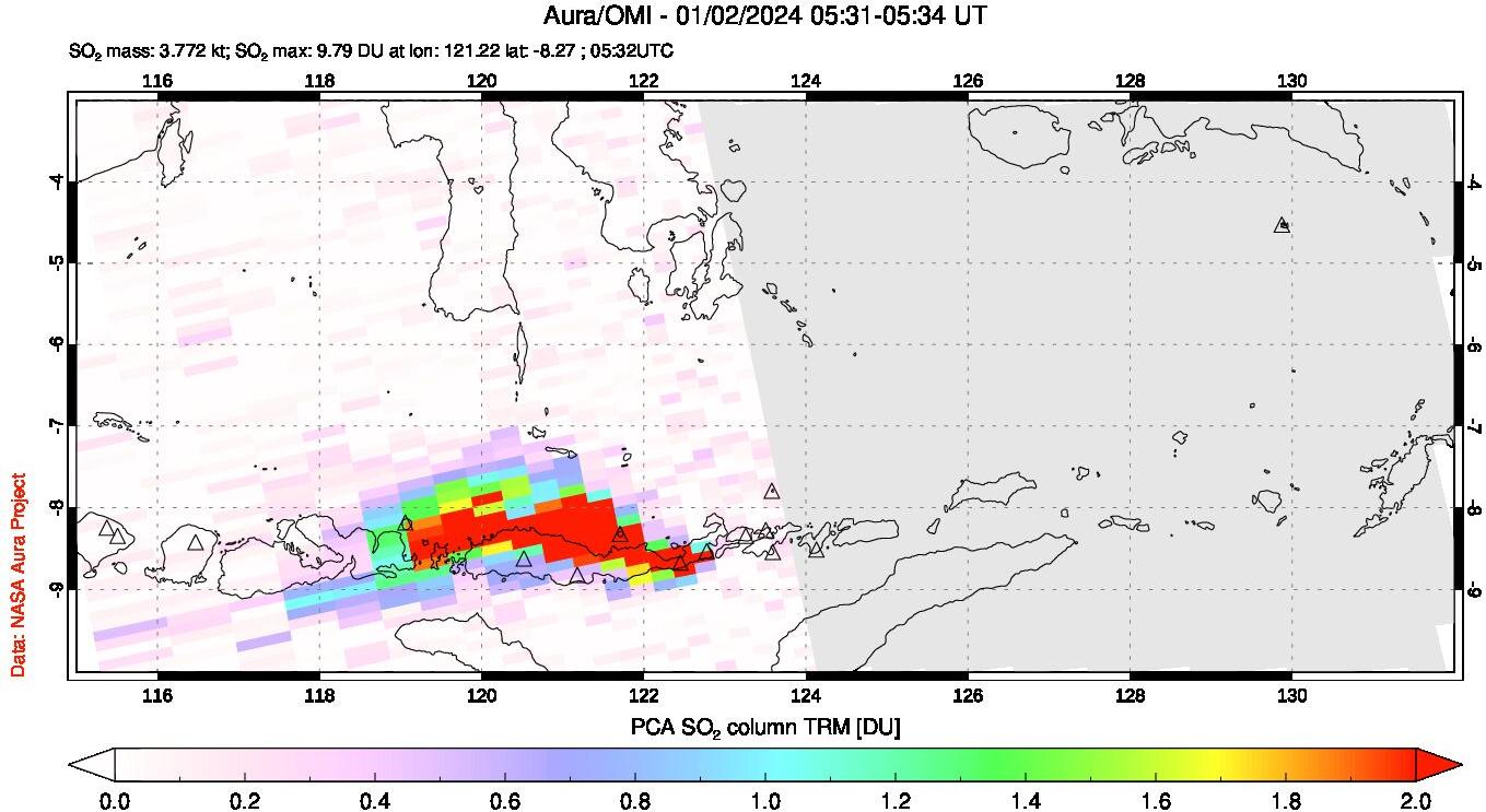 A sulfur dioxide image over Lesser Sunda Islands, Indonesia on Jan 02, 2024.