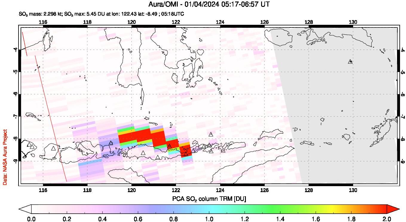 A sulfur dioxide image over Lesser Sunda Islands, Indonesia on Jan 04, 2024.