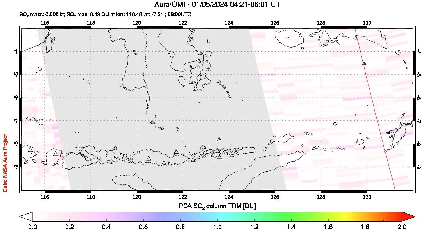 A sulfur dioxide image over Lesser Sunda Islands, Indonesia on Jan 05, 2024.