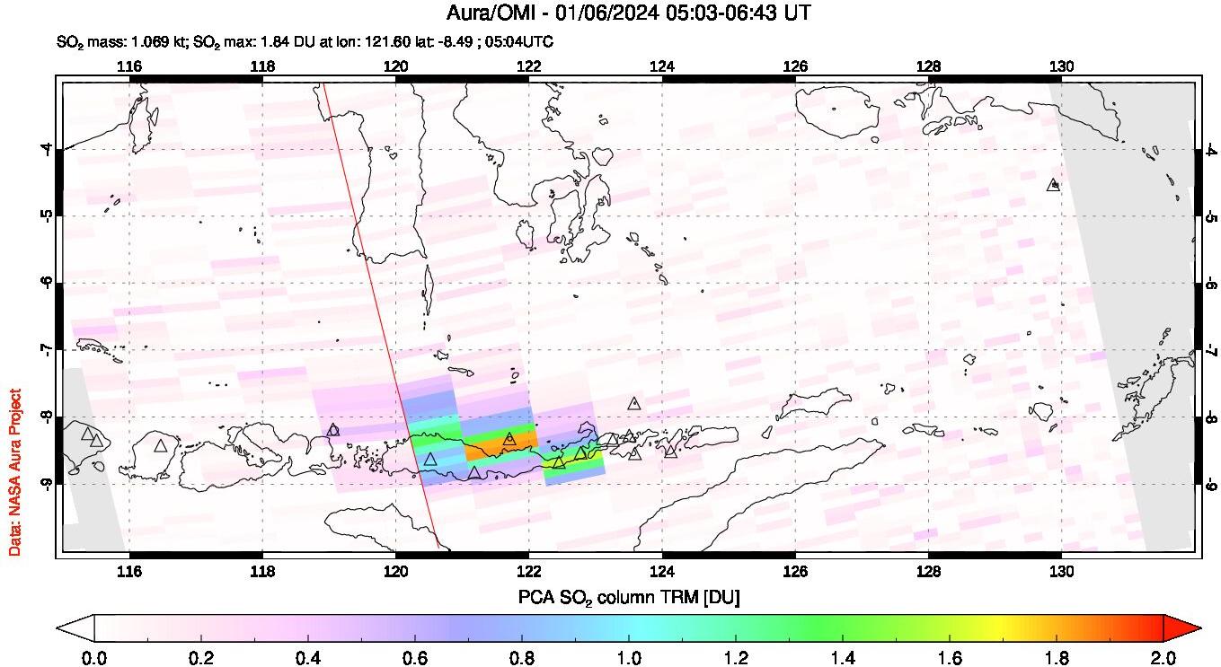 A sulfur dioxide image over Lesser Sunda Islands, Indonesia on Jan 06, 2024.