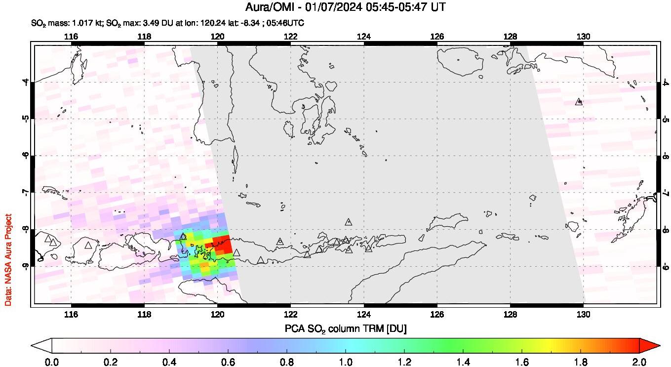 A sulfur dioxide image over Lesser Sunda Islands, Indonesia on Jan 07, 2024.