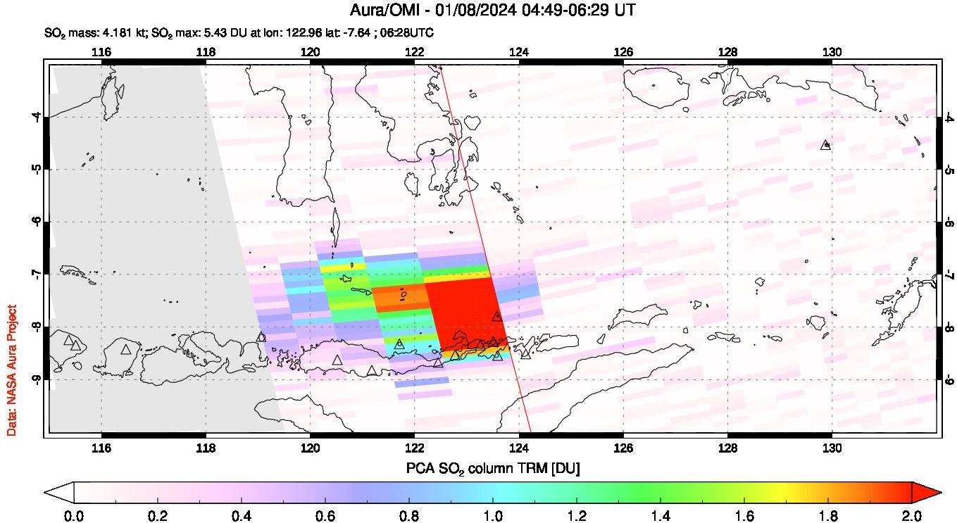 A sulfur dioxide image over Lesser Sunda Islands, Indonesia on Jan 08, 2024.