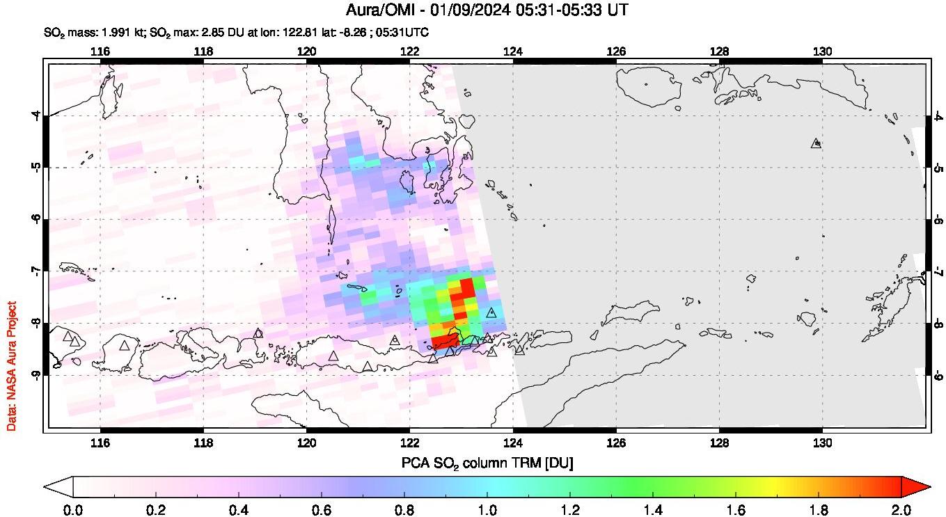 A sulfur dioxide image over Lesser Sunda Islands, Indonesia on Jan 09, 2024.