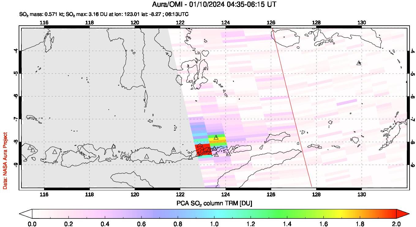 A sulfur dioxide image over Lesser Sunda Islands, Indonesia on Jan 10, 2024.