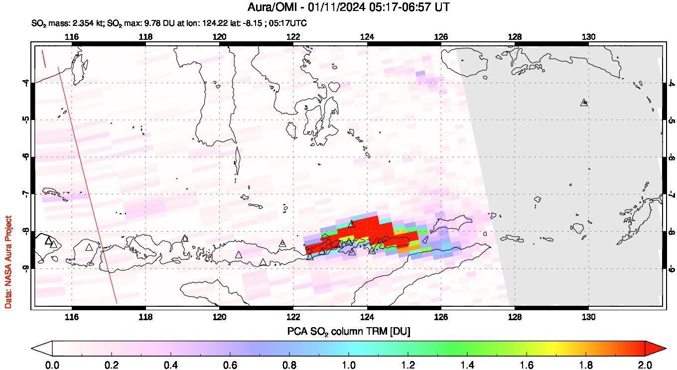 A sulfur dioxide image over Lesser Sunda Islands, Indonesia on Jan 11, 2024.