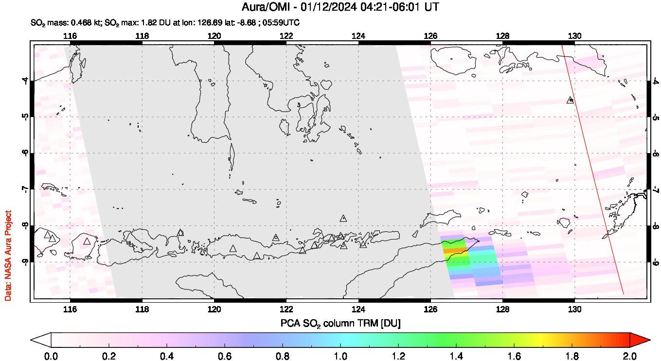 A sulfur dioxide image over Lesser Sunda Islands, Indonesia on Jan 12, 2024.