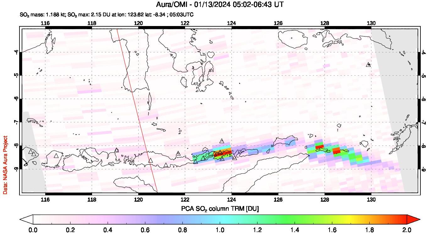 A sulfur dioxide image over Lesser Sunda Islands, Indonesia on Jan 13, 2024.