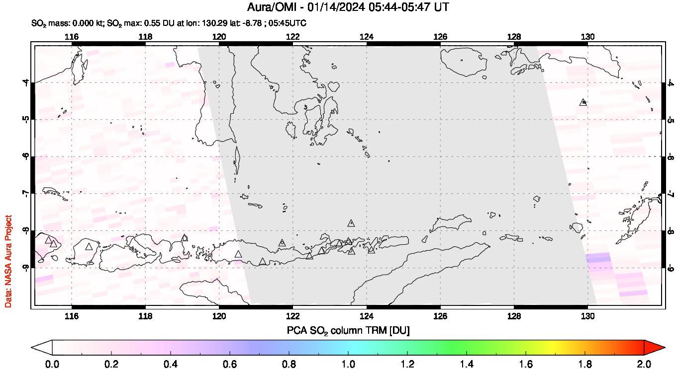 A sulfur dioxide image over Lesser Sunda Islands, Indonesia on Jan 14, 2024.