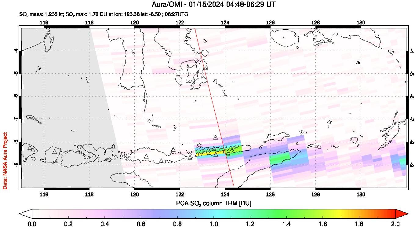 A sulfur dioxide image over Lesser Sunda Islands, Indonesia on Jan 15, 2024.