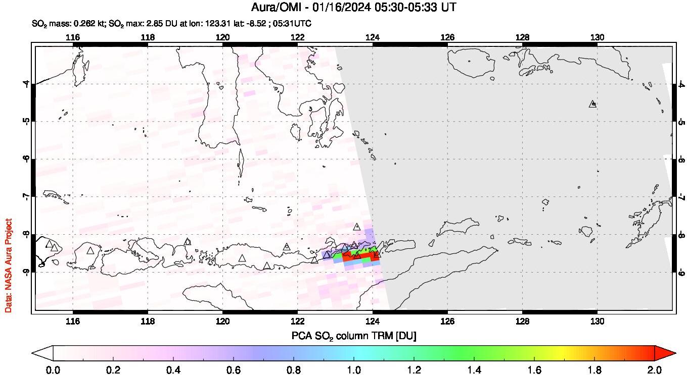 A sulfur dioxide image over Lesser Sunda Islands, Indonesia on Jan 16, 2024.