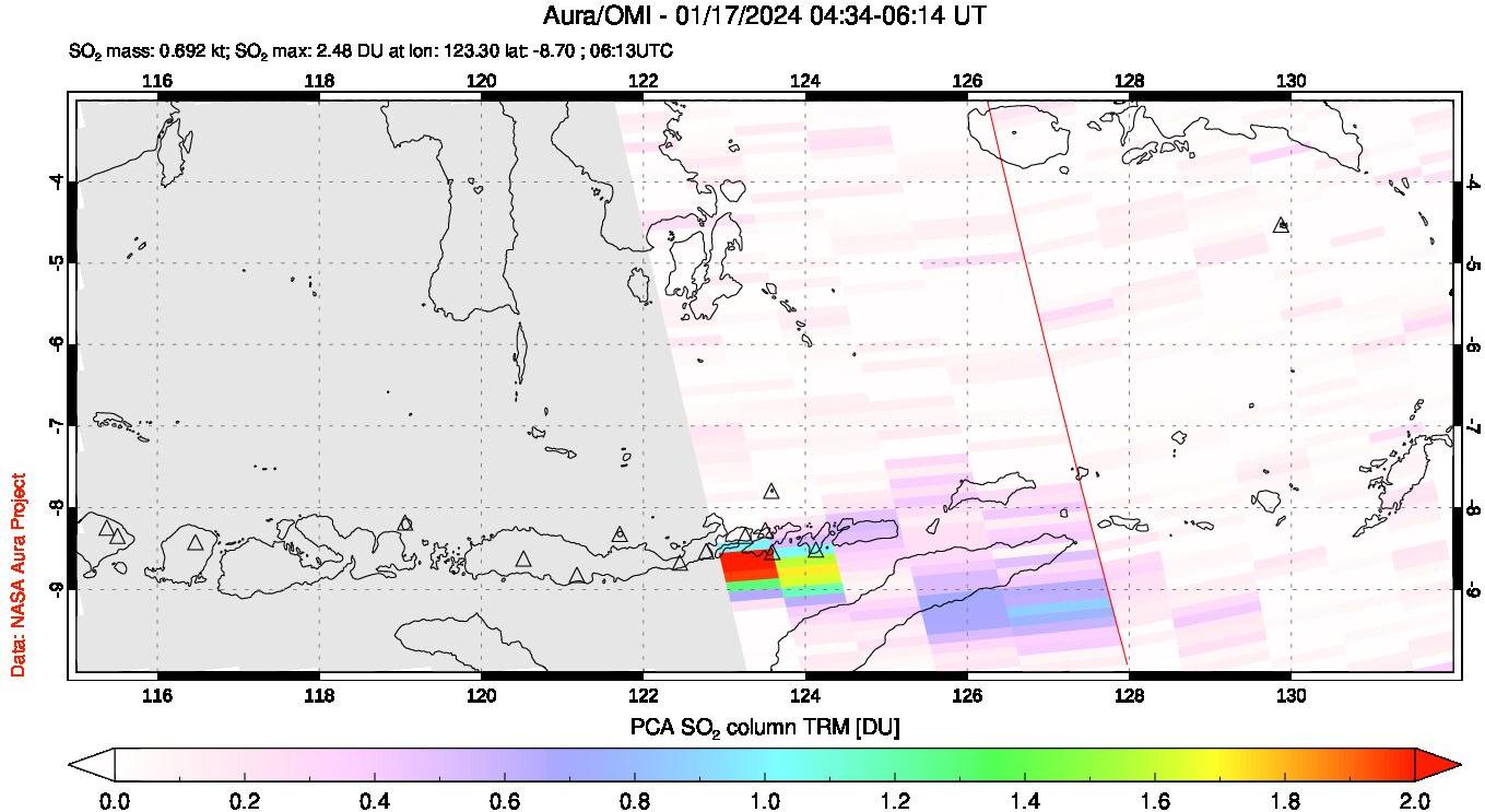 A sulfur dioxide image over Lesser Sunda Islands, Indonesia on Jan 17, 2024.