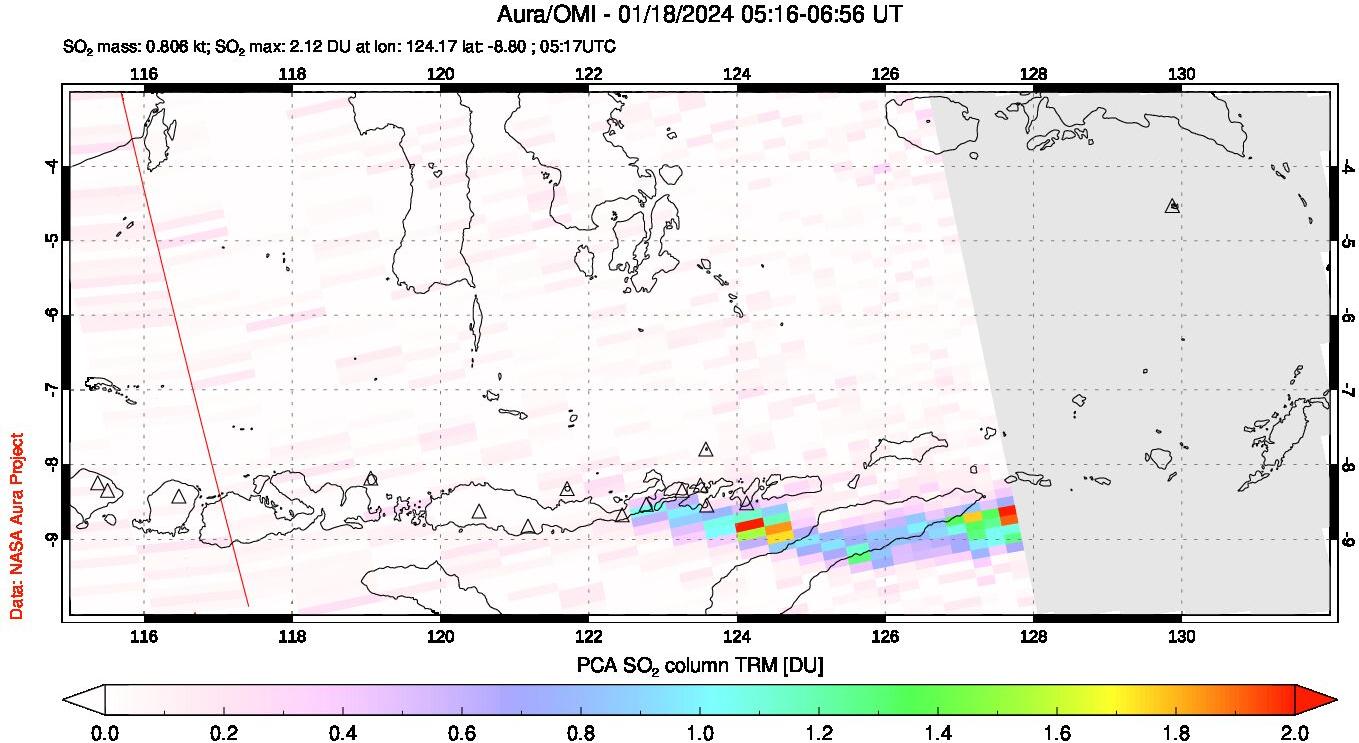 A sulfur dioxide image over Lesser Sunda Islands, Indonesia on Jan 18, 2024.