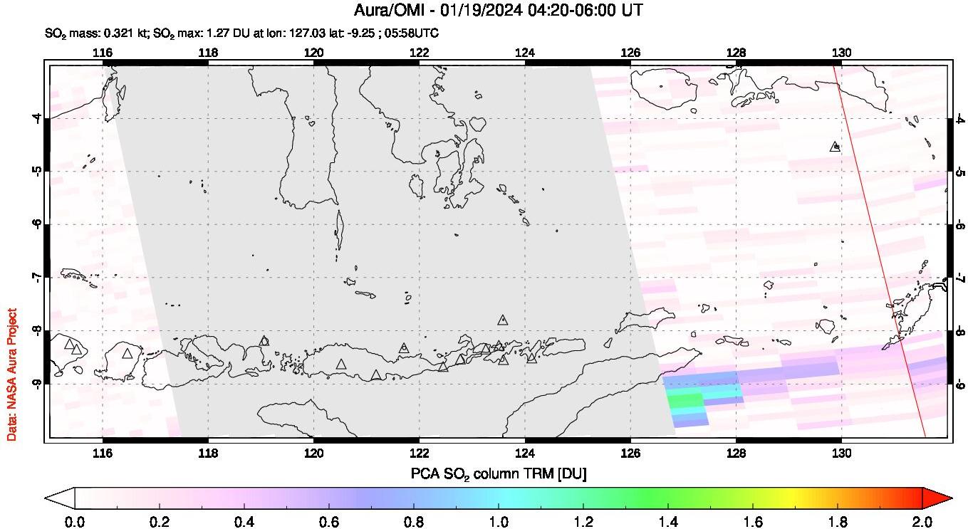 A sulfur dioxide image over Lesser Sunda Islands, Indonesia on Jan 19, 2024.