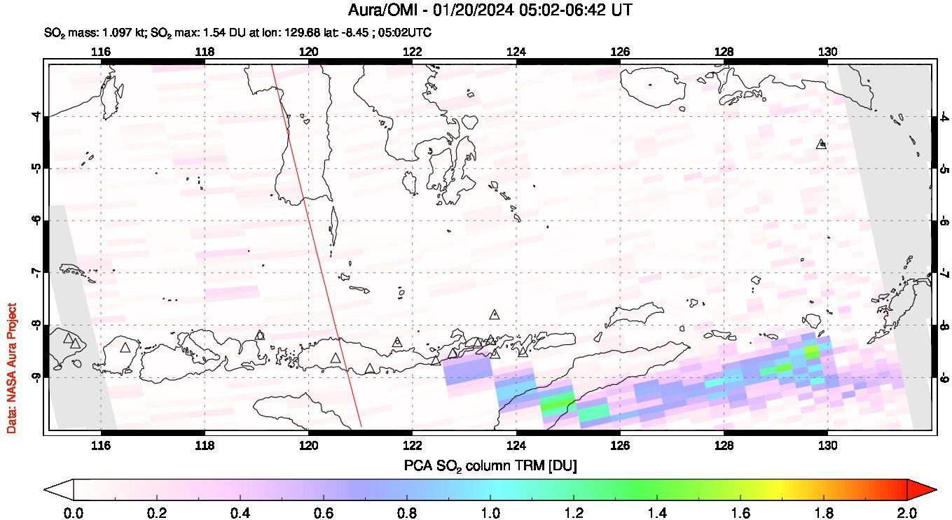 A sulfur dioxide image over Lesser Sunda Islands, Indonesia on Jan 20, 2024.