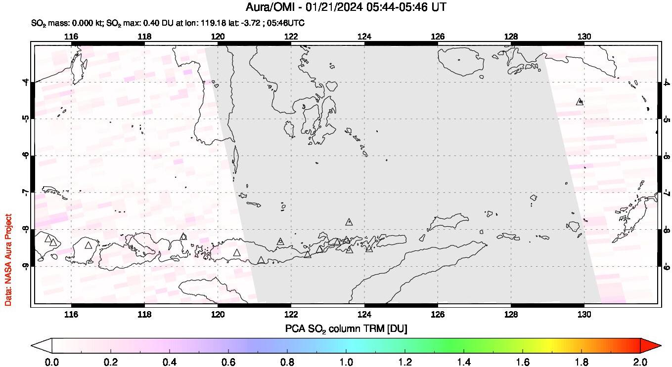 A sulfur dioxide image over Lesser Sunda Islands, Indonesia on Jan 21, 2024.