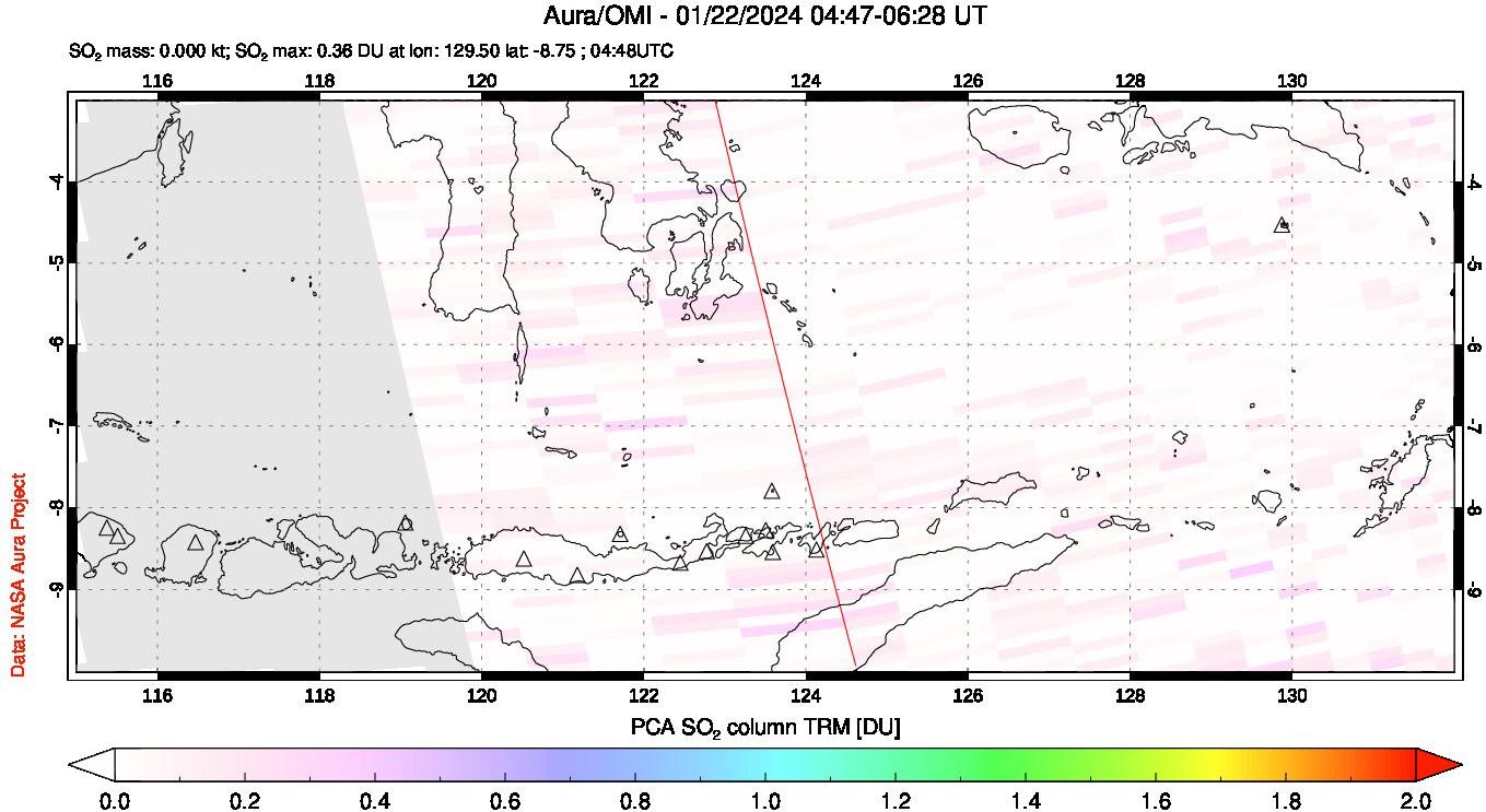 A sulfur dioxide image over Lesser Sunda Islands, Indonesia on Jan 22, 2024.