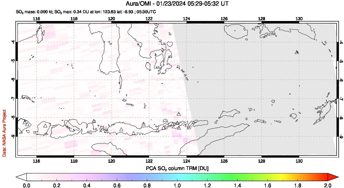 A sulfur dioxide image over Lesser Sunda Islands, Indonesia on Jan 23, 2024.