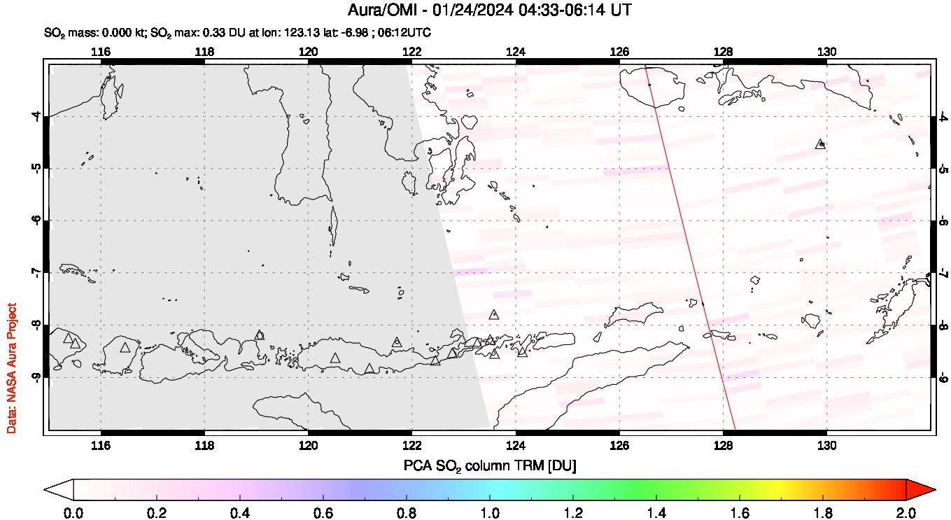 A sulfur dioxide image over Lesser Sunda Islands, Indonesia on Jan 24, 2024.