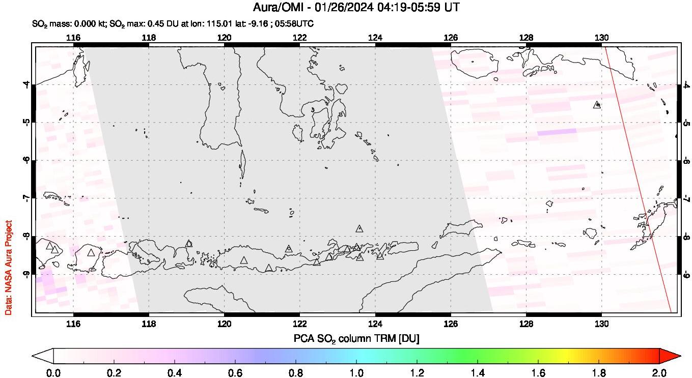 A sulfur dioxide image over Lesser Sunda Islands, Indonesia on Jan 26, 2024.