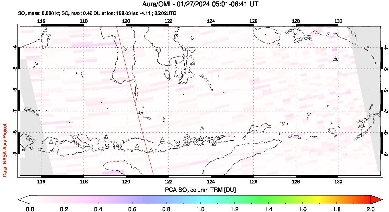 A sulfur dioxide image over Lesser Sunda Islands, Indonesia on Jan 27, 2024.